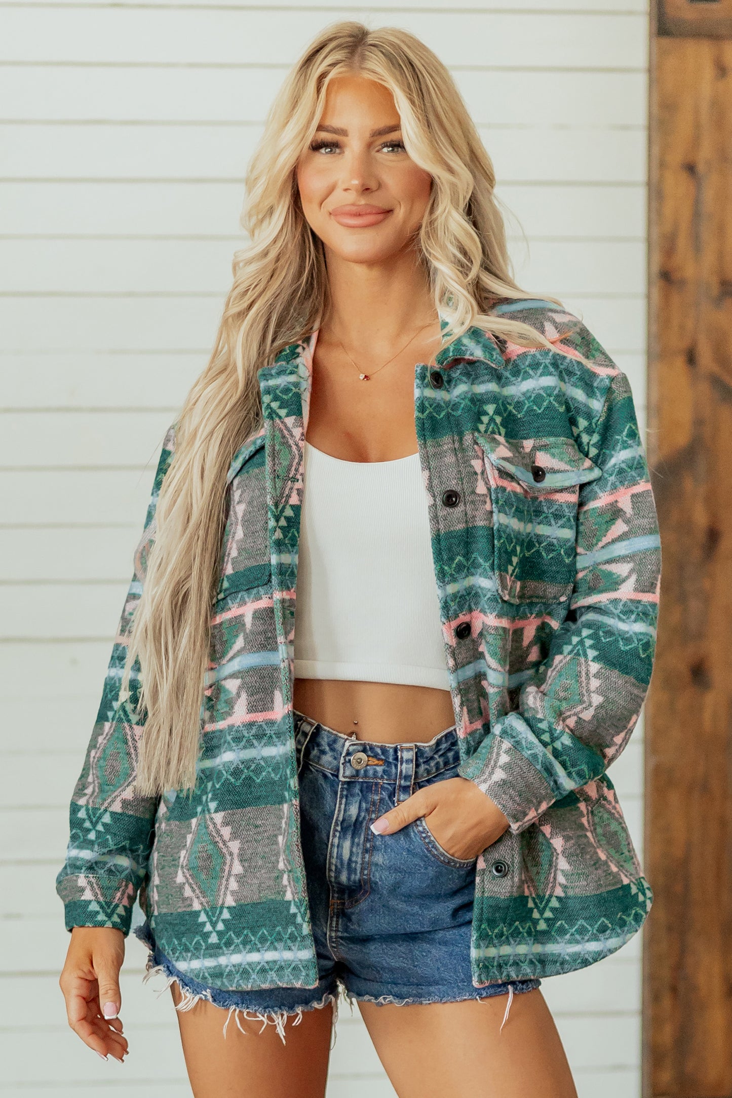 Green Geometric Print Button Front Long Sleeve Shacket