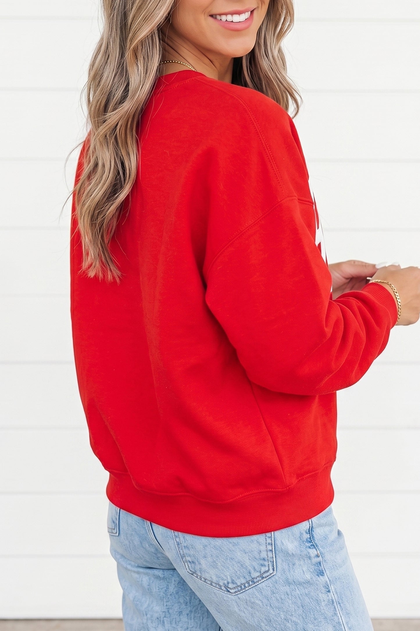 Fiery Red GAMEDAY Embroidered Patch Pattern Casual Shift Sweatshirt