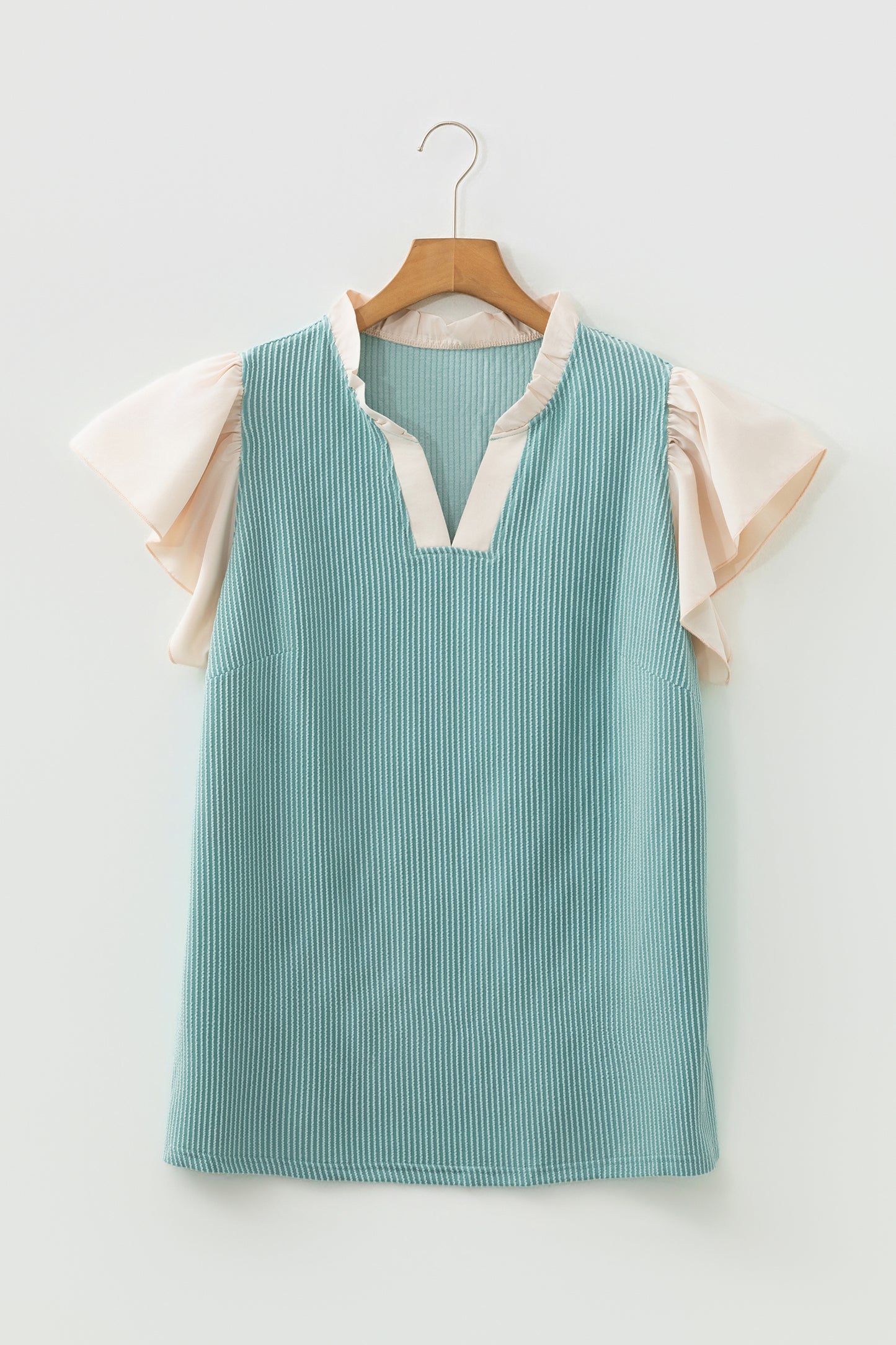 Rose Pink Plus Size Contrast Frilled Neckline Ruffled Short Sleeve Ribbed Textured Blouse