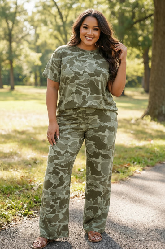 Multicolour Retro Camouflage Print Plus Size 2pcs Outfit