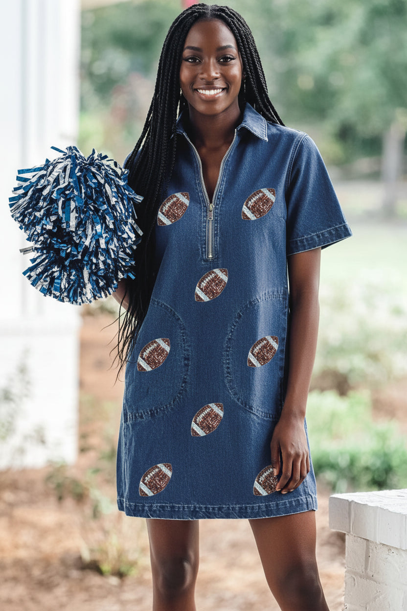 Blue Sequin Football Pattern Zip Collar Pocketed Denim Shift Dress