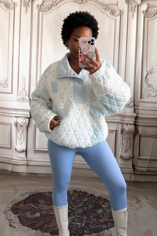 Multicolour Floral Quilted Half Button Pocketed Pullover Sweatshirt