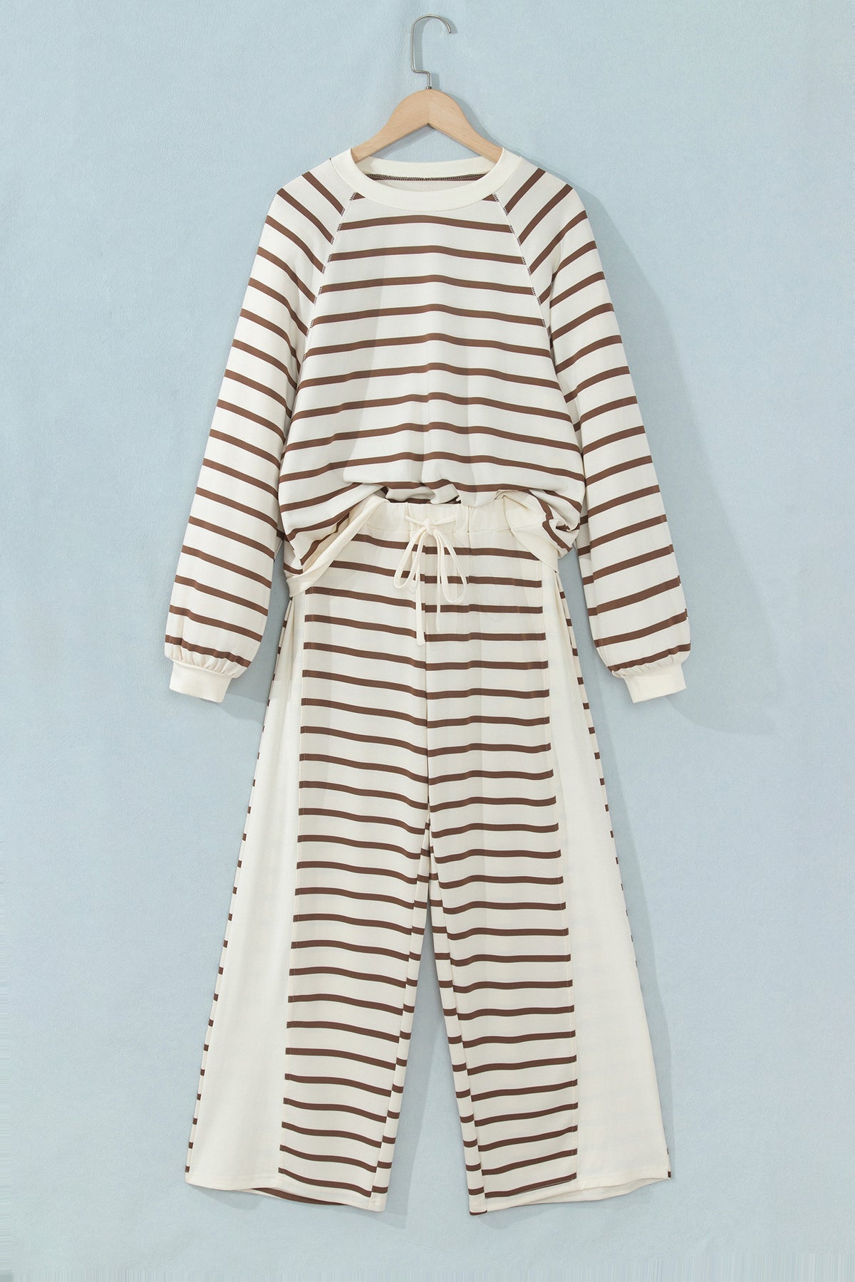 Khaki Stripe Relaxed Long Sleeve Top Color Block Detail Drawstring Pant Set