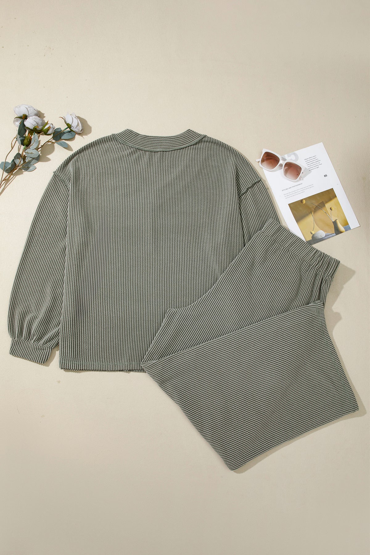 Four Leaf Clover Twisted Ribbed Exposed Seam Detail V Neck Pullover Plus Size Pant Set