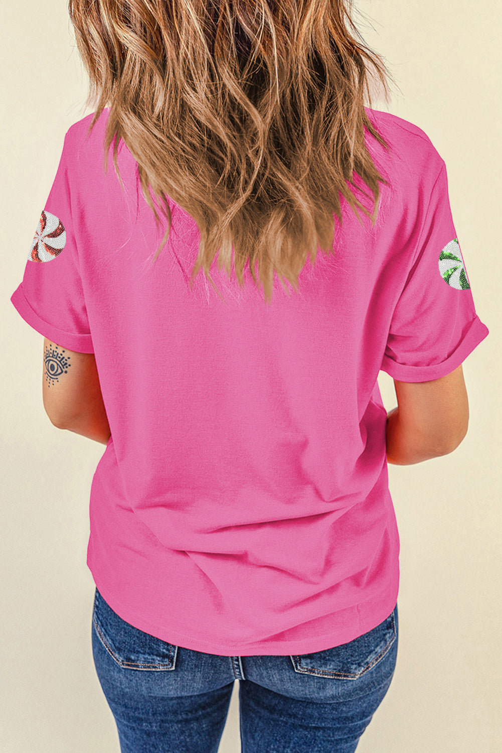 Sachet Pink Sequined Peppermint Pattern Christmas Custom T Shirt