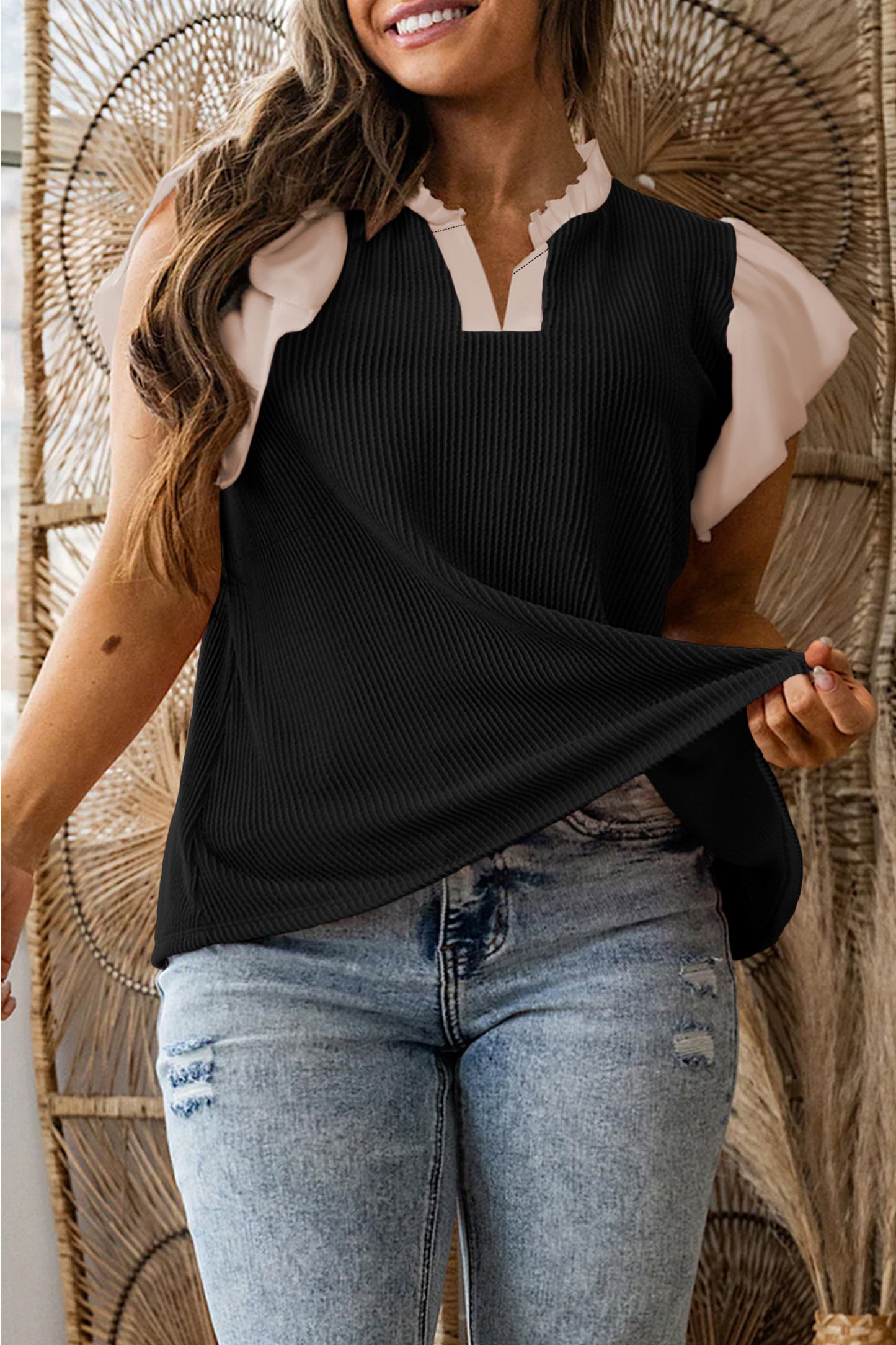 Rose Pink Plus Size Contrast Frilled Neckline Ruffled Short Sleeve Ribbed Textured Blouse