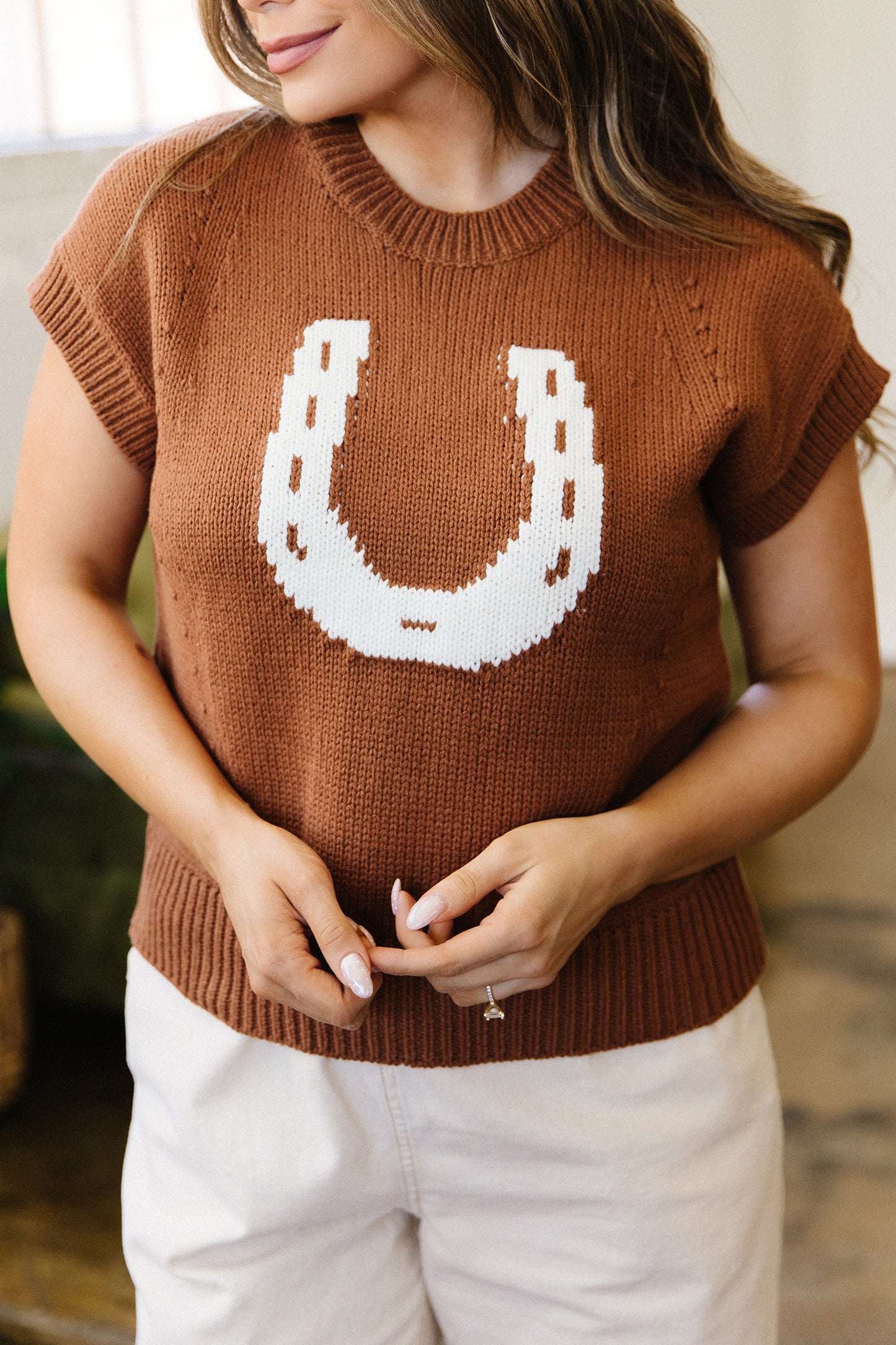 Chestnut Western Horseshoe Pattern Short Sleeve Knit Sweater