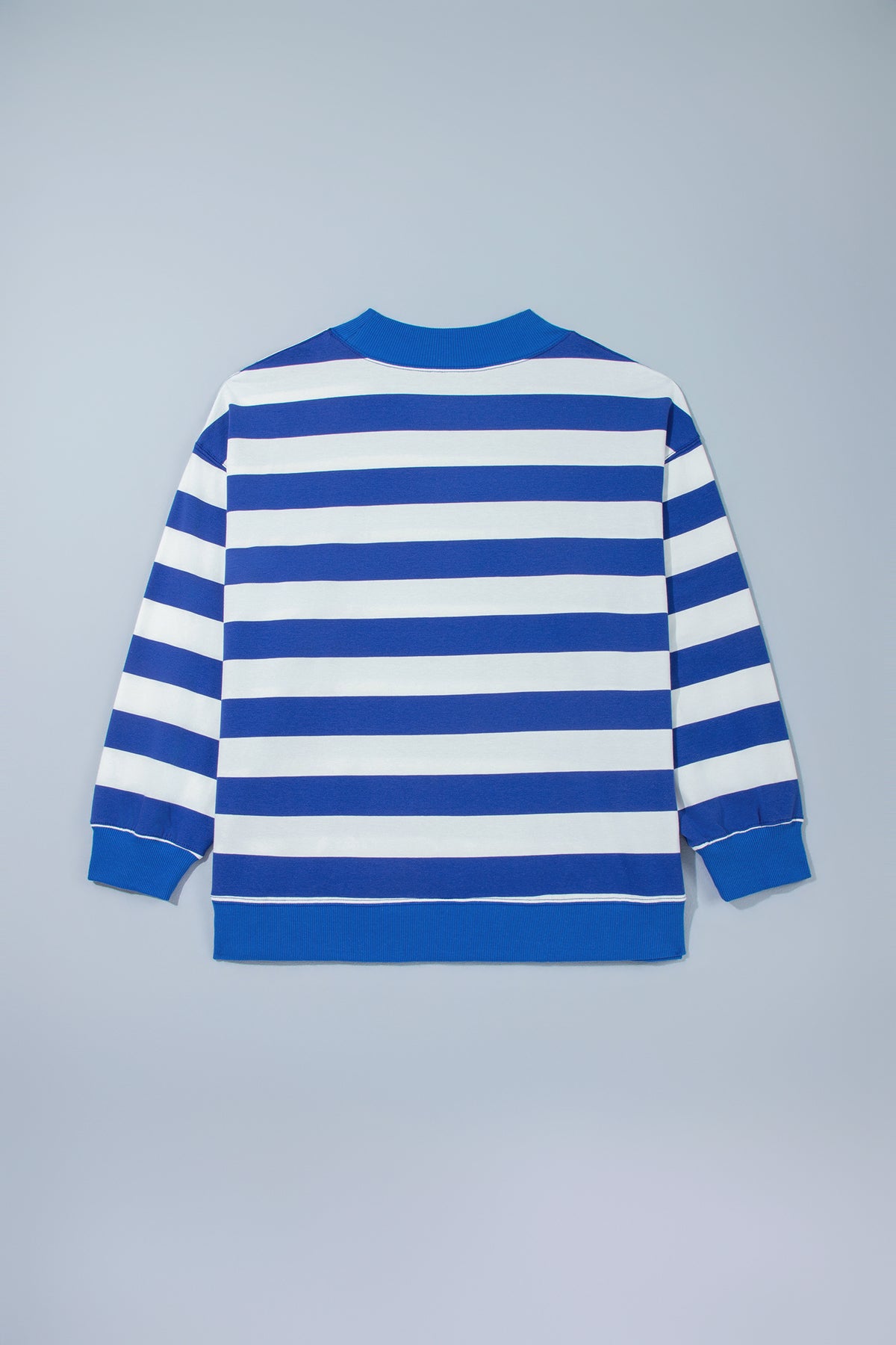Blue Stripe Ribbed Trim Stand Neck Dropped Shoulder Plus Size Sweatshirt